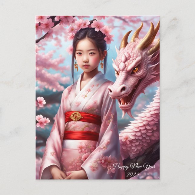 Jahr des Drachen 2024 - Mädchen zwischen Kirschblü Postkarte (Vorderseite)