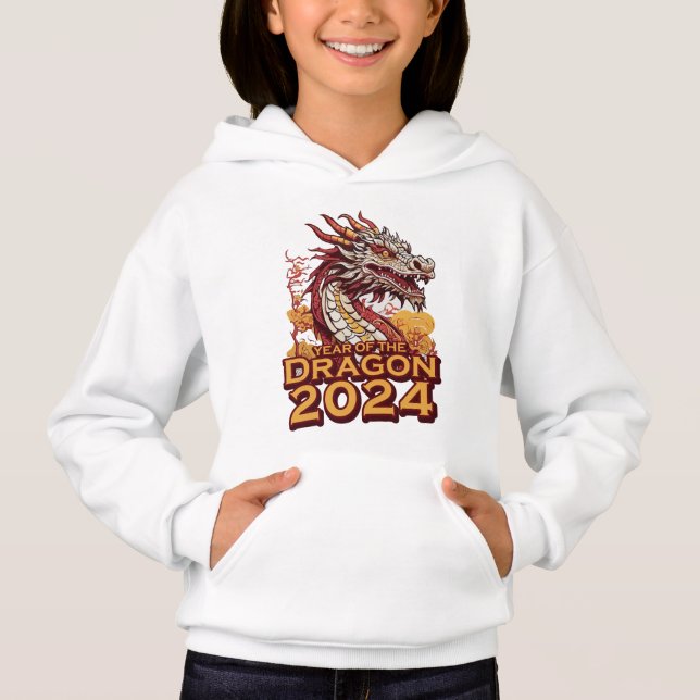 Jahr des Drachen 2024 Mädchen's White Hoody, Drago Hoodie (Vorderseite)