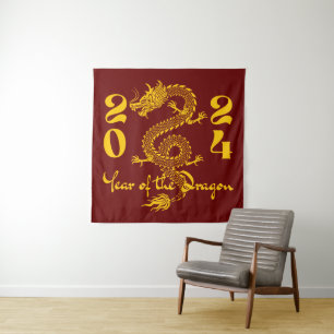 Jahr-des-Drachen-Gold Wandteppich