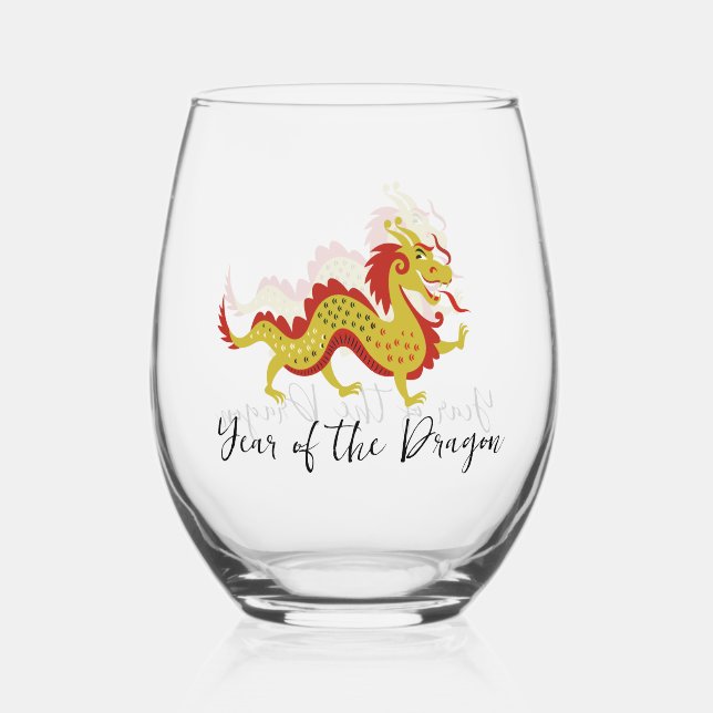 Jahr des Drachendesigns Stemless Wine Glass Weinglas Ohne Stiel (Vorderseite)