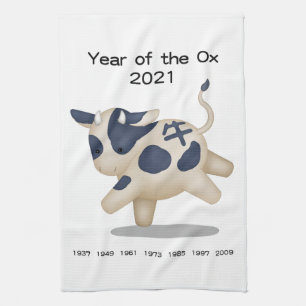 Jahr des Ox-Niedlichen Tieres 2021 Geschirrtuch