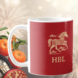 Jahr des Pferdes Mondneujahr Rot Gold Initialen Kaffeetasse