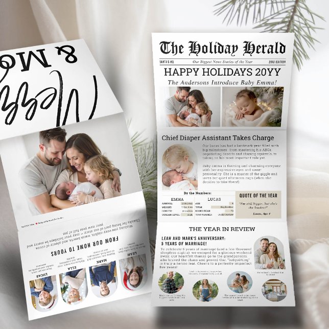 Jahr in Review Newspaper Family Baby Arch Fotos Dreifach Gefaltete Urlaubskarte (family christmas card baby announcement newspaper year in review trifold photo collage merry bright)