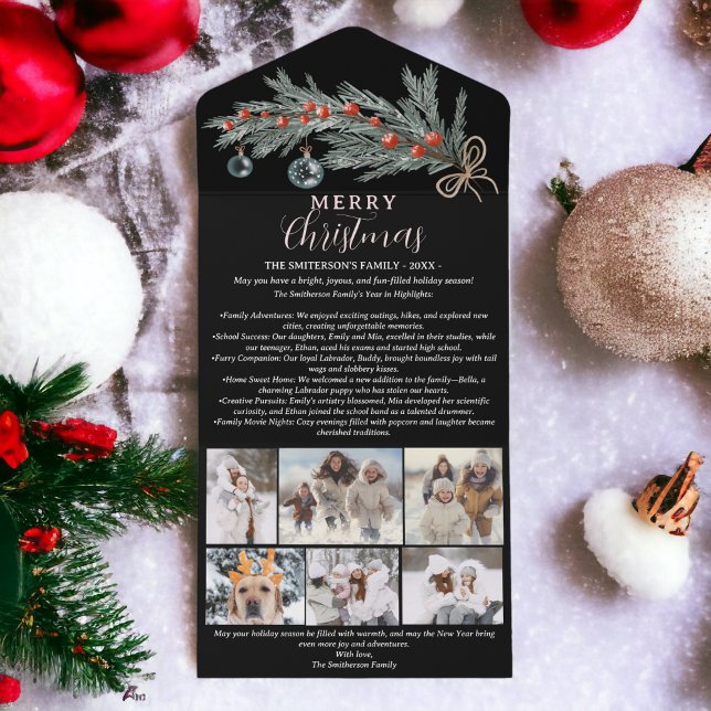 Jahr Überprüfung Kiefernrot Frohe Weihnachten 6 Fo All In One Einladung (Year review pine red Merry Christmas 6 photos All In One Invitation on black)