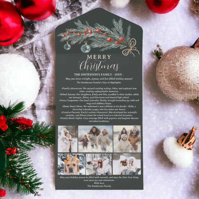 Jahr Überprüfung Kiefernrot Frohe Weihnachten 6 Fo All In One Einladung (Year review pine red Merry Christmas 6 photos All In One Invitation)