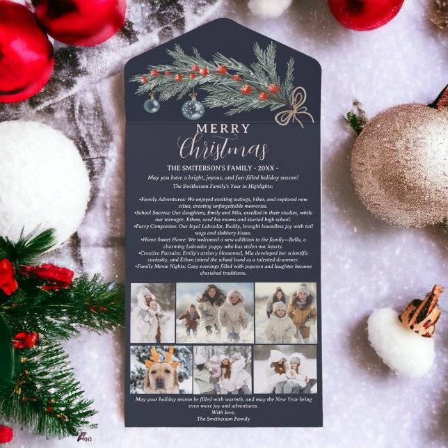 Jahr Überprüfung Kiefernrot Frohe Weihnachten 6 Fo All In One Einladung (Year review pine red Merry Christmas 6 photos All In One Invitation on dusty blue)