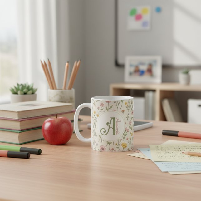 Jahresendgeschenk für Lehrer Wildblumen-Monogramm- Kaffeetasse (Custom Teacher Appreciation Gift)