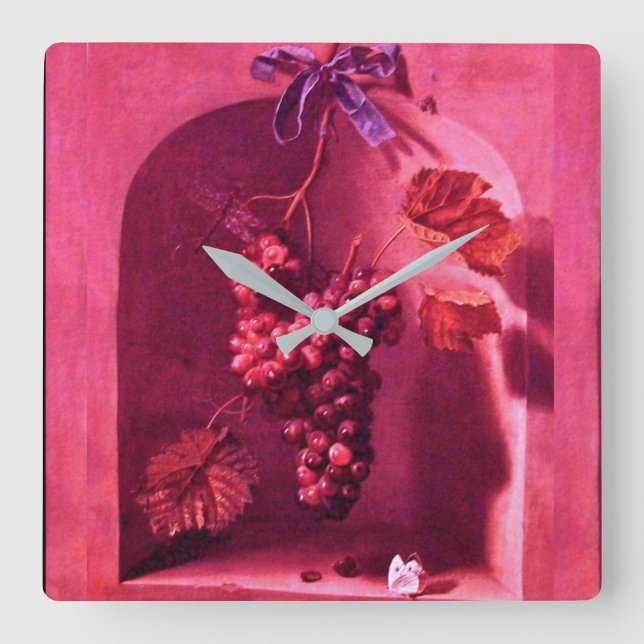 JAHRESFRÜCHTE MIT KUCHEN, antike rosa Rustikal Quadratische Wanduhr (Vorderseite)
