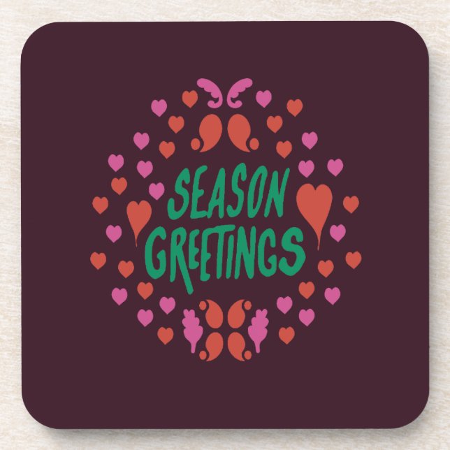 Jahresgrüße in grüner Handschrift mit Herzen Getränkeuntersetzer (Vorderseite)