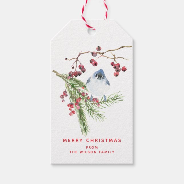 Jahresgrüße - Weihnachtsgrün und Vogel Geschenkanhänger (Vorderseite)