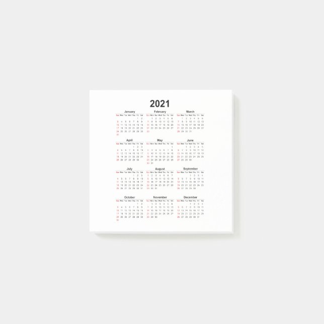 Jahreskalender 2021 post-it klebezettel (Vorderseite)