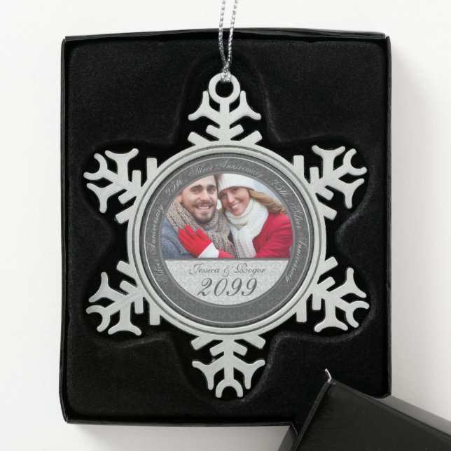 Jahresspezifisches Silver Wedding-Jahresfest-Foto Schneeflocken Zinn-Ornament (Box)