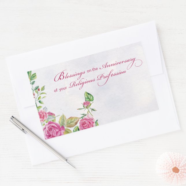 Jahrestag der religiösen Tätigkeit Pink Roses Rechteckiger Aufkleber (Umschlag)