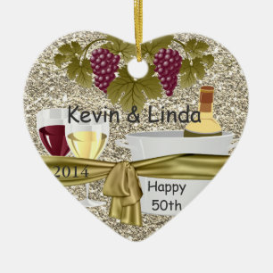 JAHRESTAGS-GESCHENK-WEIN-VERZIERUNG BLING GOLD50. KERAMIKORNAMENT