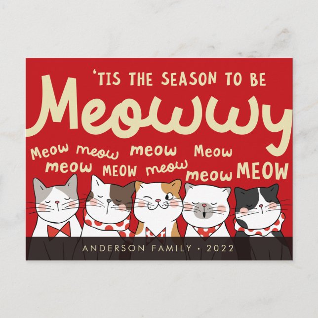 Jahreszeit: Meowwy Funny Niedlich Cats Caroling Postkarte (Vorderseite)