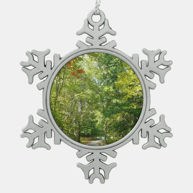 Jahrhundertwaldweg I Ellicott Stadt Natur Schneeflocken Zinn-Ornament (Vorderseite)
