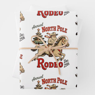 Jährlicher Nordpol Rodeo 25. Dezember Cowboy Santa Geschenkpapier Set
