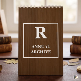 Jährliches Archiv Monogramm-Typografie Braun Holz Kalender