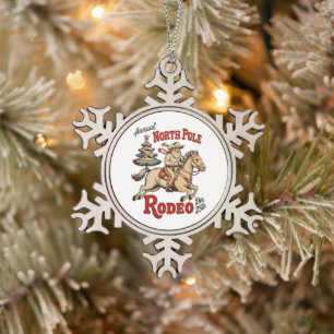 Jährliches North Pole Rodeo 25. Dez. Cowboy Santa Schneeflocken Zinn-Ornament