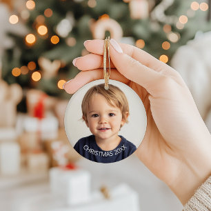Jährliches Weihnachtsfoto mit weißem Text Keramik Ornament