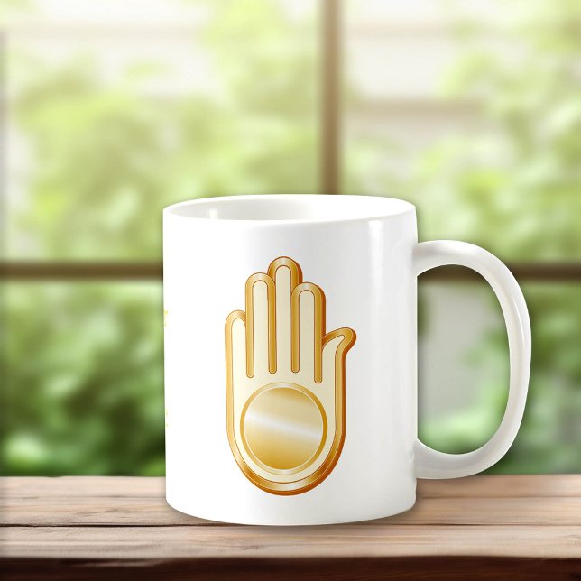 Jain Symbol Tasse (Jain Symbol Coffee Mug.
Golden Ahimsa symbol of the Jain faith. Customize with your text.)