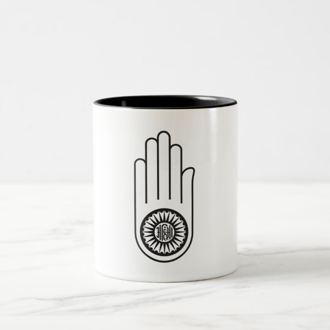 Jain Symbol von Ahimsa (Hand der Nicht-Gewalt) Zweifarbige Tasse (Mittel)
