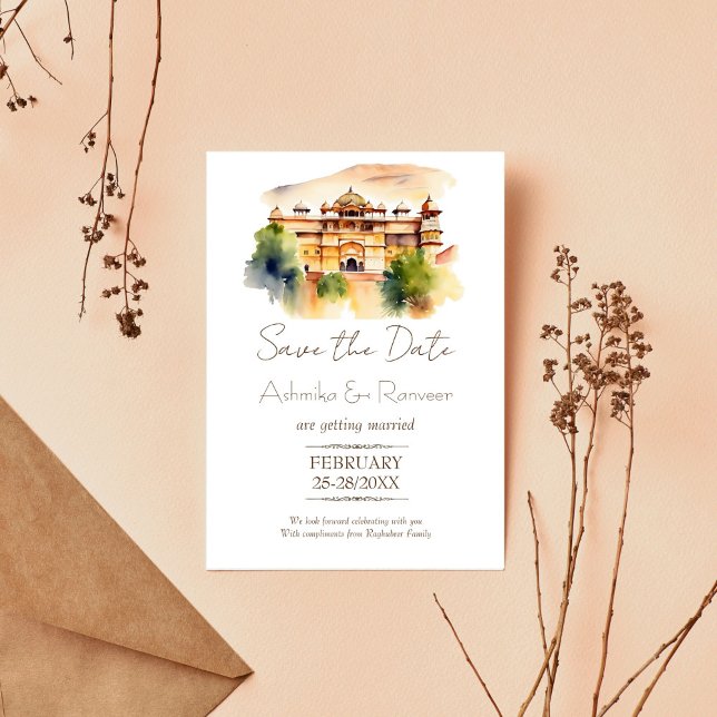 Jaipur Palast Indische Hochzeit Save the Date Einladung (Jaipur palace watercolor Indian wedding save the date editable template invitation digital download )