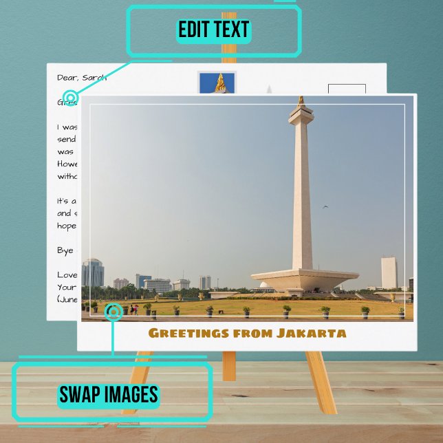 Jakarta Indonesien mit National Monument Modern Postkarte (Share your experiences with these stylish template postcards.)