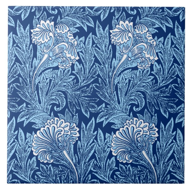 Jakobinische Blume Damask, Navy, Sky Blue und Whit Fliese (Vorderseite)
