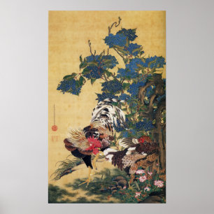 Jakuchu, Rooster und Hen mit Hydrangeas Poster