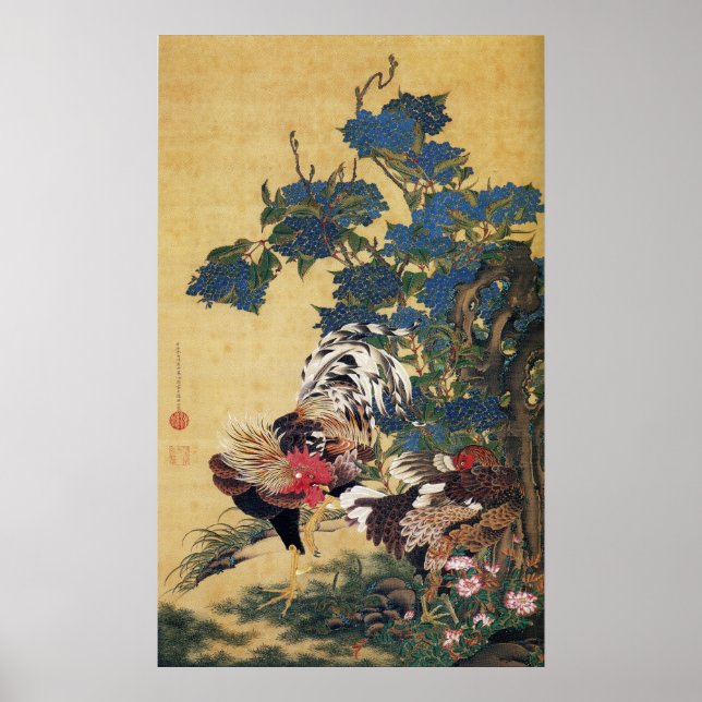 Jakuchu, Rooster und Hen mit Hydrangeas Poster (Vorne)