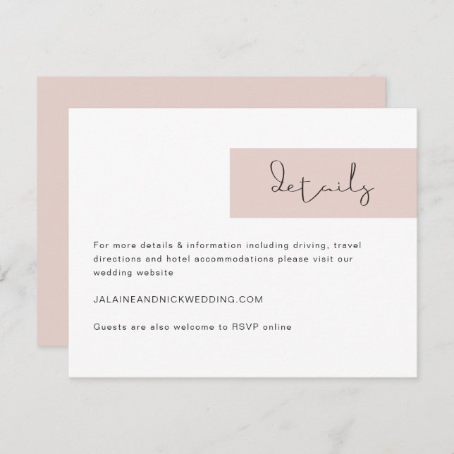 JALAINE Modern Blush Pink Wedding Details Card Einladung (Vorne/Hinten)