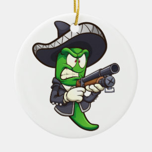 Jalapeno Paprika mit Mariachi-Outfit und einem Keramik Ornament