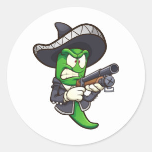 Jalapeno Paprika mit Mariachi-Outfit und einem Runder Aufkleber