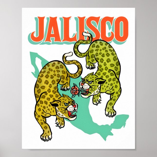 Jalisco Mexico, Retro Travel Poster, Jaguar Art Poster (Vorne)