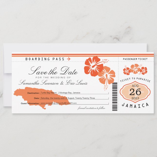 Jamaica Boarding Pass Wedding Save the Date (Vorderseite)