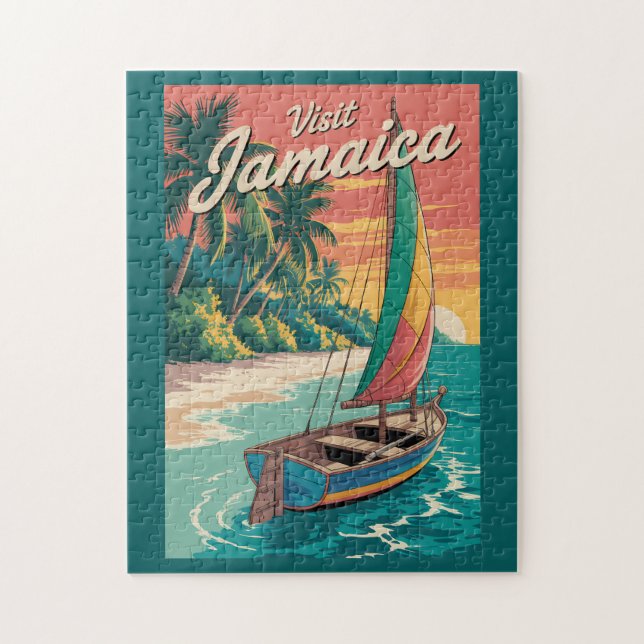 Jamaica Boat Illustration Travel Art Vintage Puzzle (Vertikal)