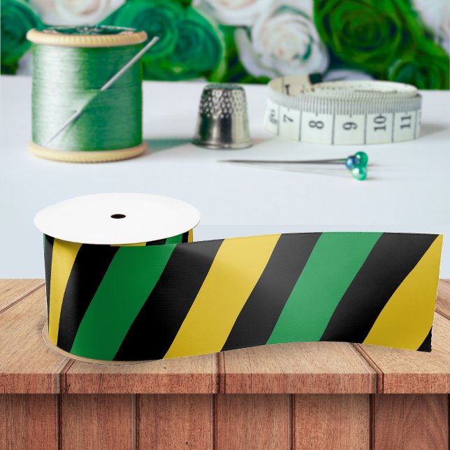 Jamaica Colors Green Gold Black Diagonal Jamaica Satinband (gold black and green Jamaica color diagonal stripe ribbon)