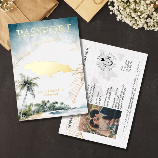 Jamaica Destination Wedding Passport Gold Folieneinladung (gold foil Jamaica passport wedding invitation)