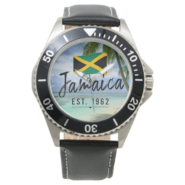 "Jamaica Est. 1962" Beach With Jamaica Flag Art Armbanduhr (Vorderseite)