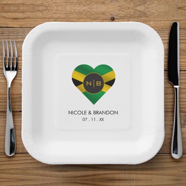 Jamaica Jamaica Flag Herz Monogram Wedding Pappteller (Jamaica Jamaican Flag Heart Monogram Wedding Paper Plates)