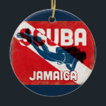 Jamaica Scuba Diver - Blue Retro Keramik Ornament<br><div class="desc">Jamaika Karibik Tauchdesign. Ein Vintager Retro-Hintergrund mit roter Scuba-Fahne und marineblauem Taucher.</div>
