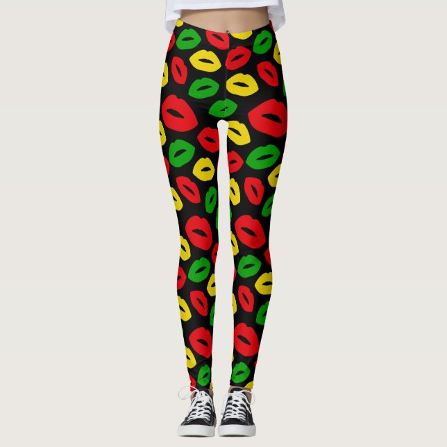 Jamaican Rasta Colors Eine Liebe Lippen Gemustert Leggings (Vorderseite)