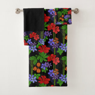Jamaika Blume und Ackee Frucht tropischen Schwarz Badhandtuch Set