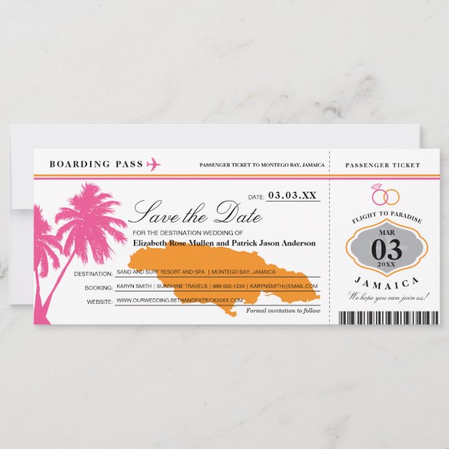 Jamaika Boarding Pass Pink & Orange Save the Date (Vorderseite)
