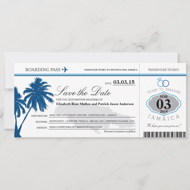 Jamaika-Boarding-Pass Save the Date (Vorderseite)