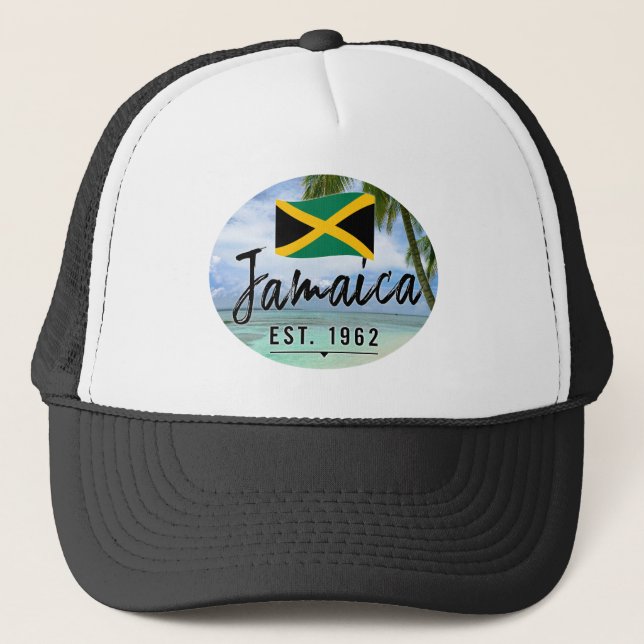 "Jamaika Est. 1962" Strand mit jamaikanischer Flag Truckerkappe (Vorderseite)