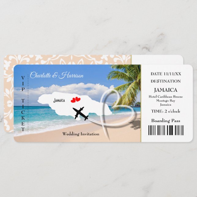 Jamaika Hochzeit in Urlaubsort Ticket Pass Einladung (Vorne/Hinten)