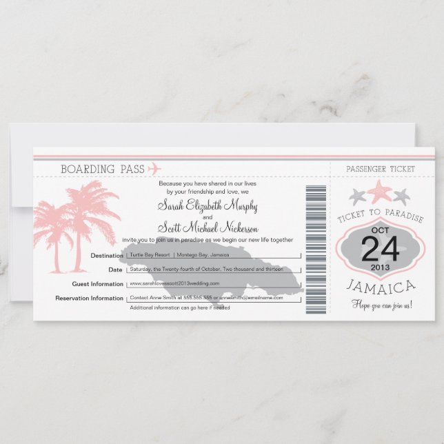 Jamaika Rosa Grau Boarding Pass Hochzeit Einladung (Vorderseite)