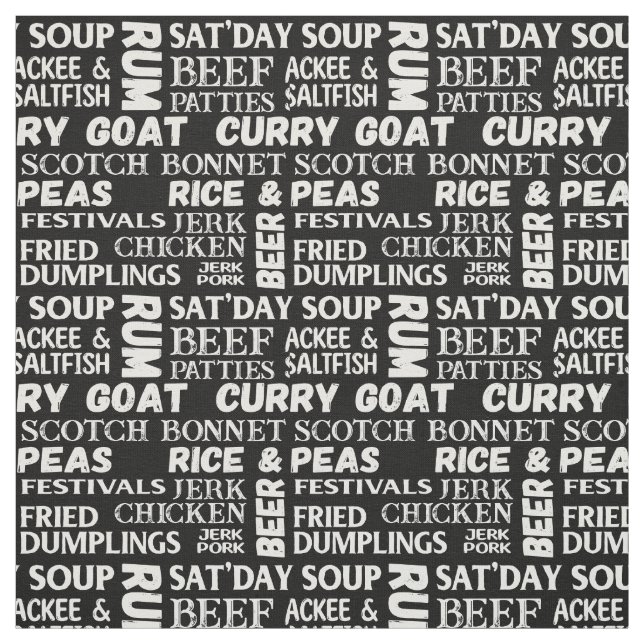 jamaikanisches Food Typografisches Schwarz-Weiß-Mu Stoff (Muster)